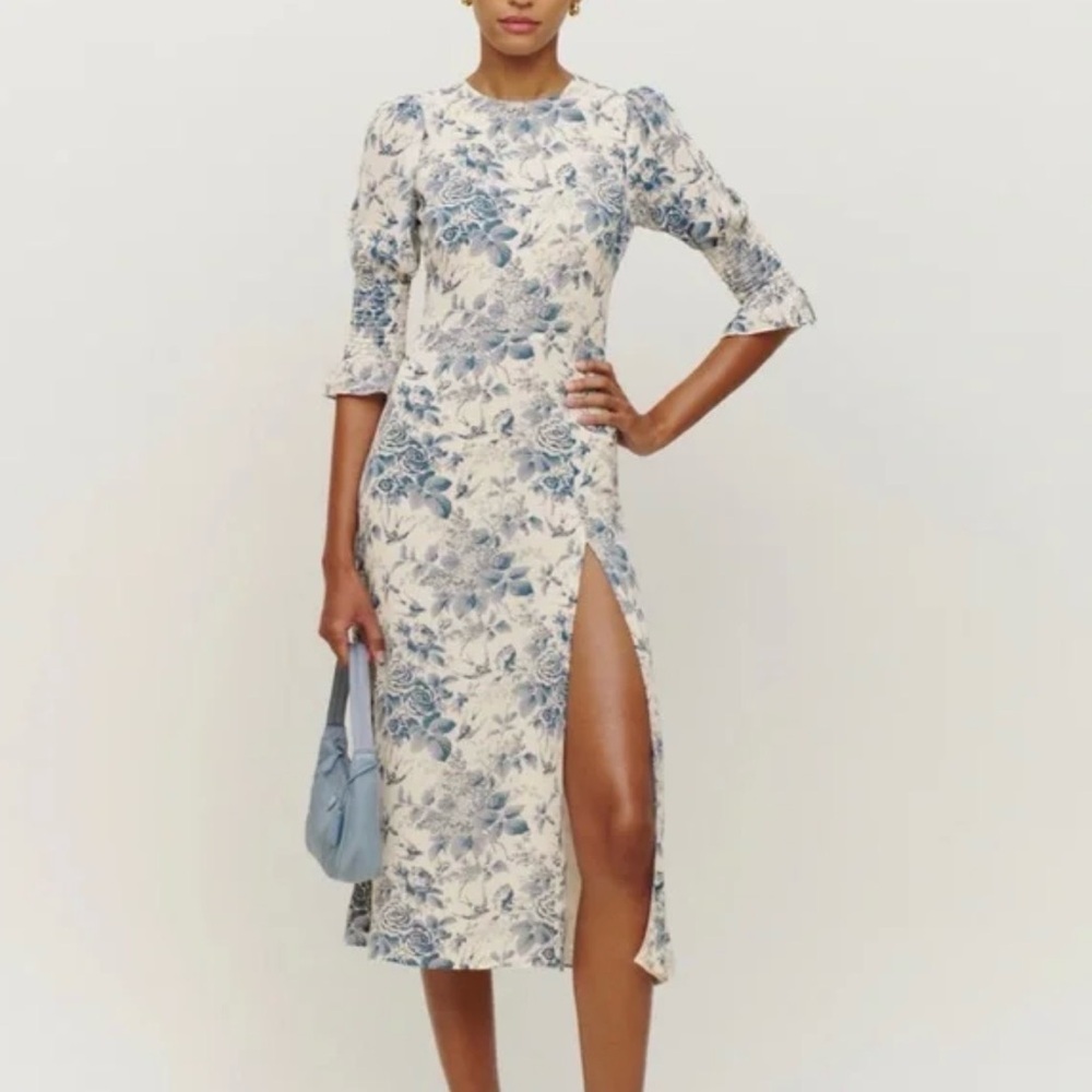 Reformation Blue and Cream Carolena Floral Midi Dress with Side Slit